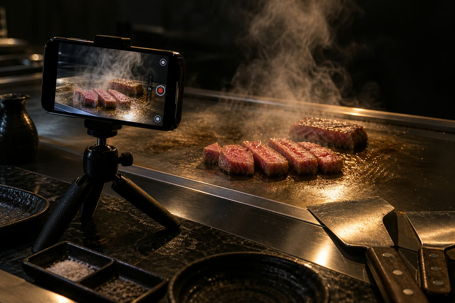 A phone on a tripod filming a sizzling teppanyaki grill