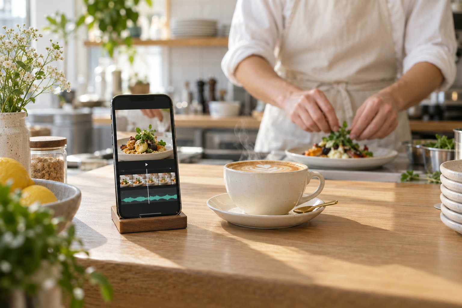 A phone on a cafe counter editing a food reel while the owner plates a dish behind it